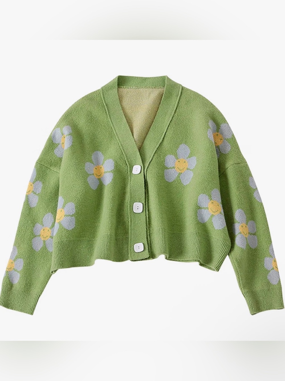 Source Unknown Green Daisy Button-Up V-Neck Cardigan
